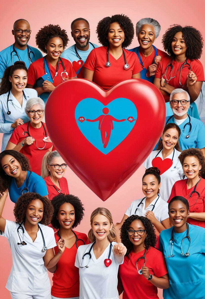 A diverse community gathered together, engaging in activities promoting heart health, such as group exercise, educational workshops, and heart screenings. Highlight smiling faces, supportive interactions, and heart-themed decorations. Symbolic visuals like a heart logo, stethoscopes, and informational banners. Vibrant colors. super-realistic.
