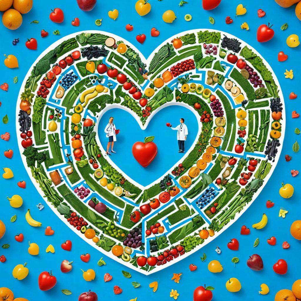 A heart-shaped maze with a doctor guiding a smiling family through it, surrounded by symbols of health like fruits, vegetables, and dumbbells. The background depicts a vibrant, sunny day with a clear blue sky. super-realistic. vibrant colors. white background.