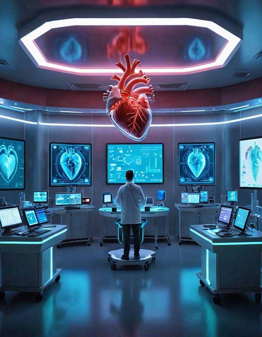 A futuristic hospital with a focus on cardiovascular health, featuring doctors and scientists working together with advanced technology to study a large, glowing human heart. The background includes heart-related medical equipment, and research data displayed on holographic screens. super-realistic. vibrant colors. 3D.